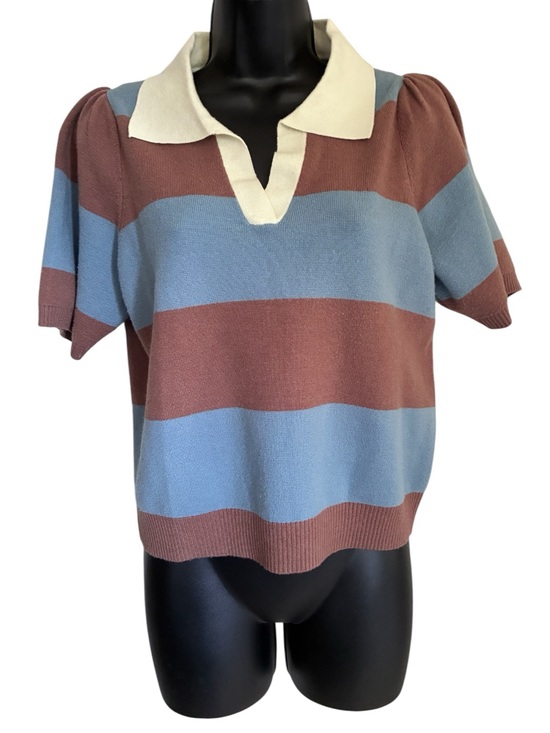Lucky Brand Sweaters - Lucky Brand Grannycore Striped Cropped Polo Sweater Brown Light Blue Cream Sz S